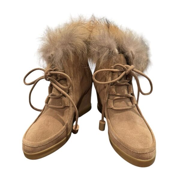 CECELIA NEW YORK Shoes - Cecelia New York Women's Holly Chestnut Tan Suede Fur Platform Ankle Booties 8